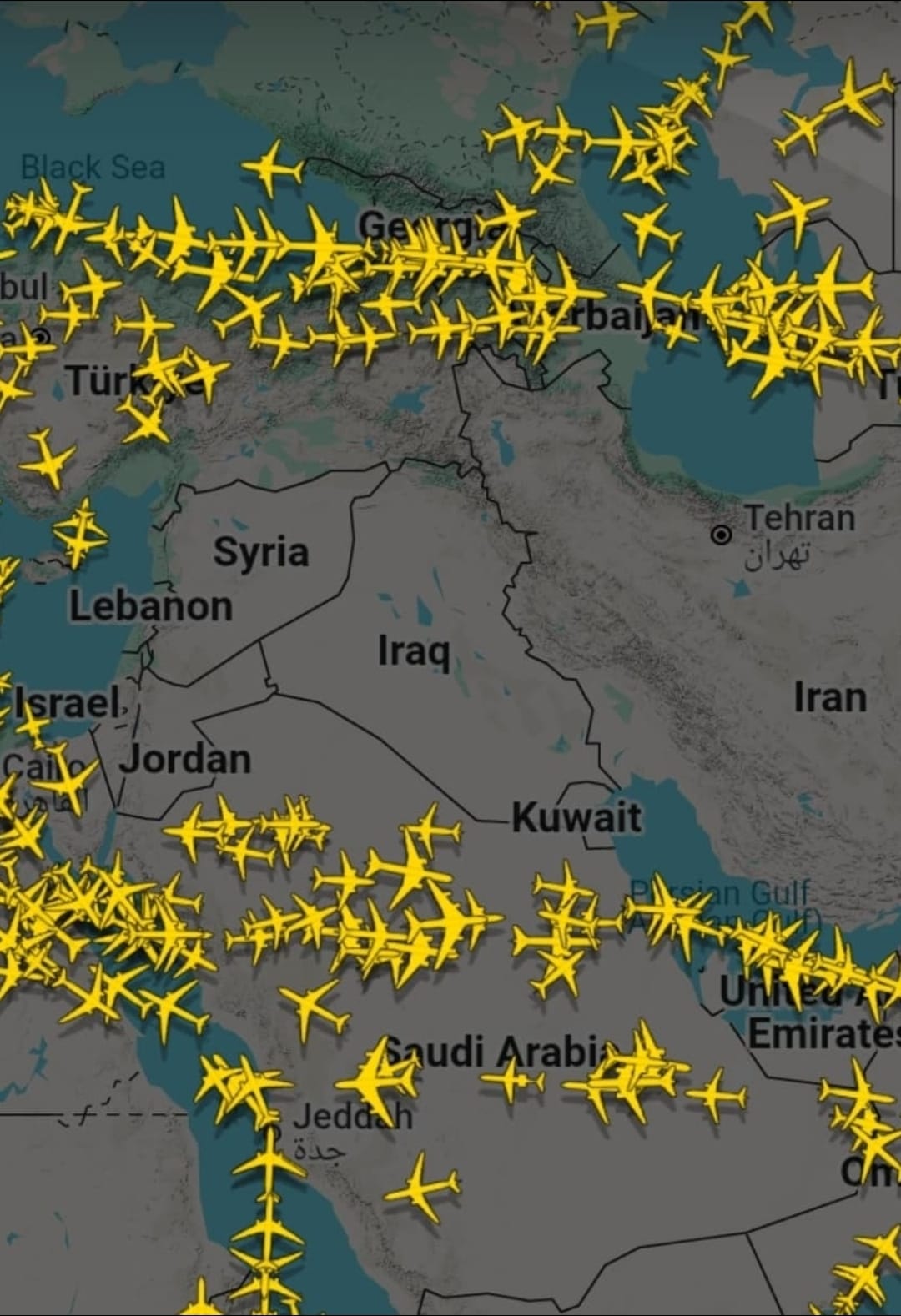 Aviões evitam corredor entre Israel e Irã neste exato momento